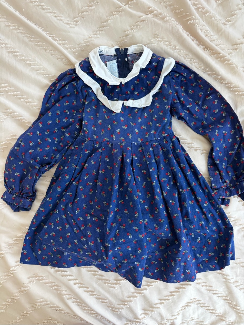 Girls' Navy Floral Long-Sleeve Dress with White Ruffle Collar